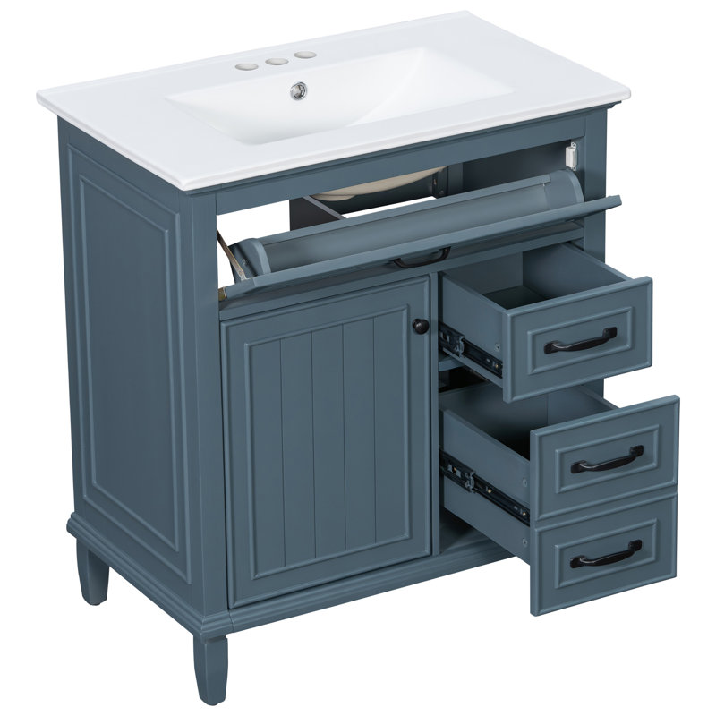 Meuble-lavabo autoportant de 30 po avec comptoir en céramique, Bleu gris