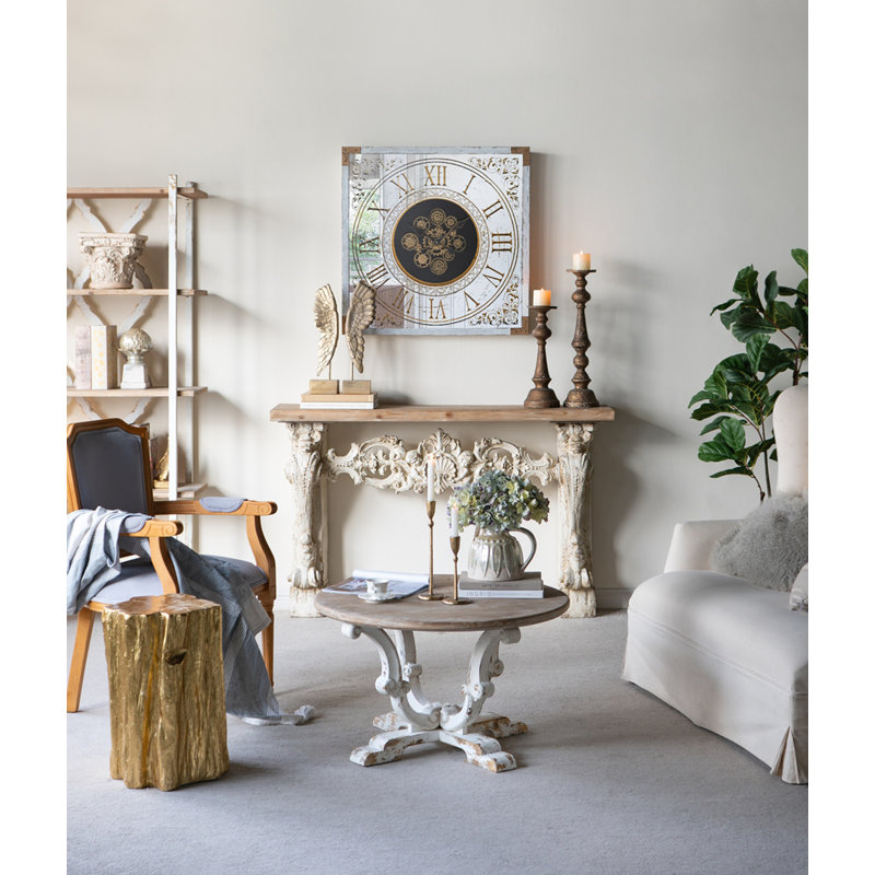 Table basse ronde en bois 31,5 x 31,5 x 18,5 po avec finition blanche patinée et pieds à volutes