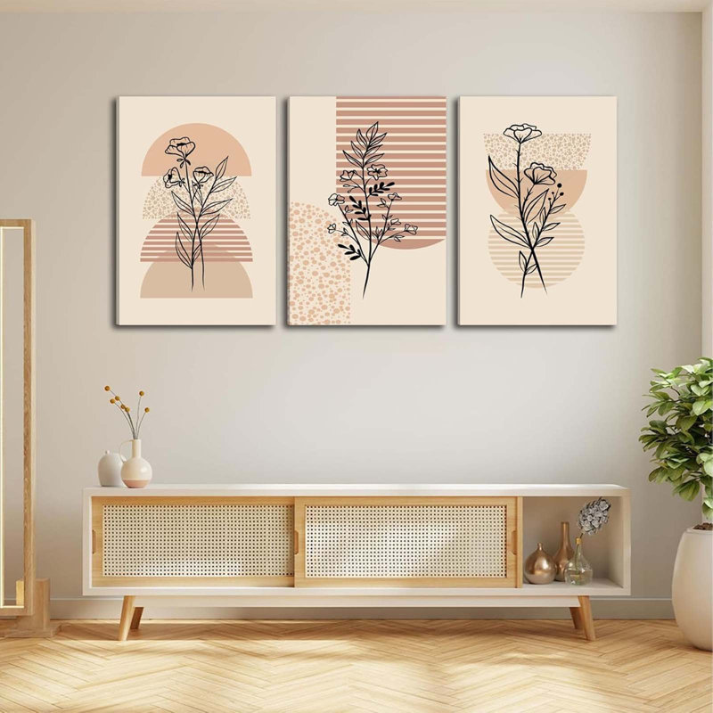 3Pcs Modern Boho Plant Canvas Wall Art Neutral Geometric Line Wall Decor Pictures Minimalist Leaves Posters Prints For Bedroom Living Room Office Scene Home Decoration Prepare To Hang