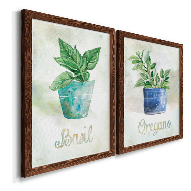 Basilic en pot - ensemble de 2 peintures sur toile encadrées, Érable encadré, H 20 po x l 34 po x P 1,5 po