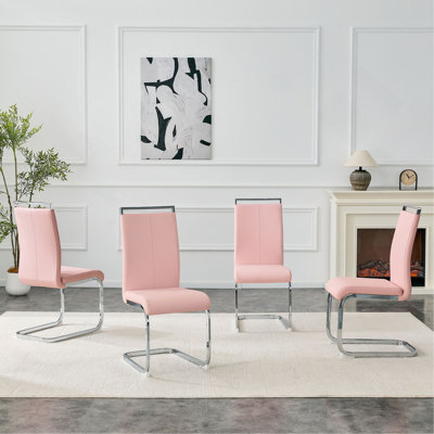 Ensemble de 4 chaises de salle à manger en polyuréthane rose avec pieds en métal argentés incurvés - Chaises à dossier minimalistes modernes pour les salles à manger à domicile.