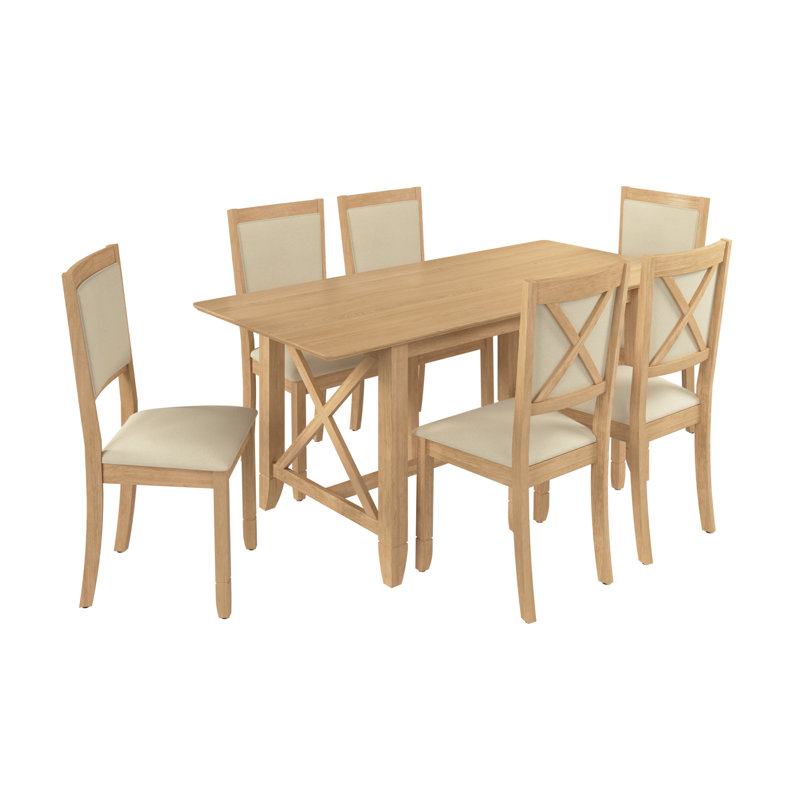 70W Farmhouse Cross Base Dining Table With 6 Upholstered Cross Back Chairs