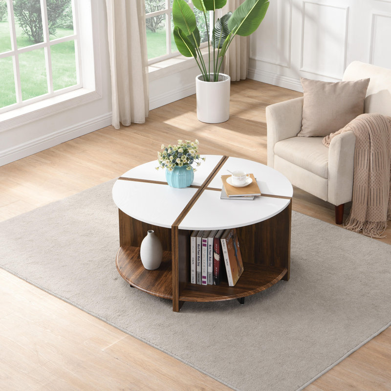 Table basse industrielle ronde, 4 pièces, 2 niveaux avec rangement, blanche, facile à assembler pour le salon et le jardin | Idée de cadeau