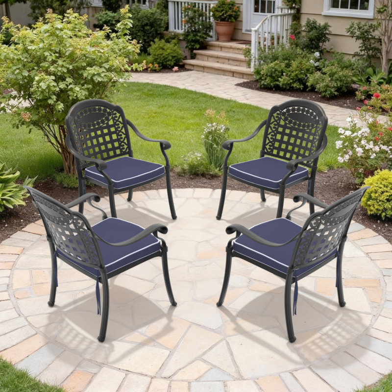 Chaise de patio en fonte d'aluminium 4 pièces avec structure et coussins, 4, Bleu marine/noir