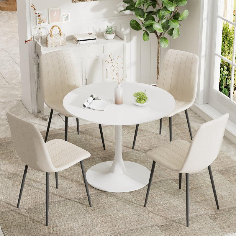 Ensemble de salle à manger à piédestal 5 pièces, Beige, Blanc