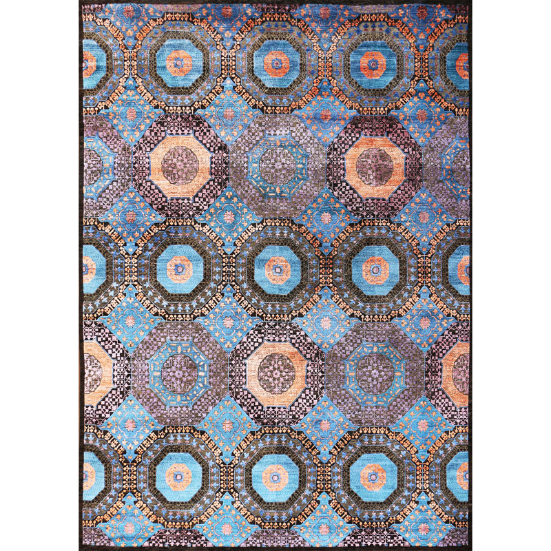 Tapis bleu / rouille / vert / noir de haute qualité noué à la main, Rectangle 6 pi x 9 pi