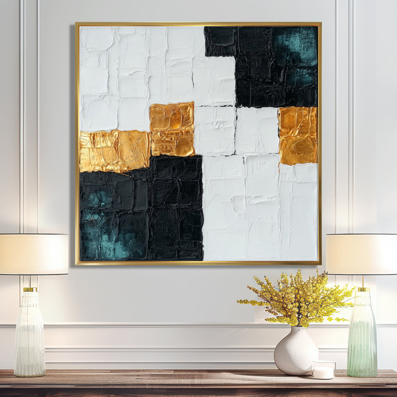Or et blanc Labyrinth Cubism Veil I - Décoration murale cubisme abstrait, H 36 po x l 36 po, Doré