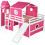 Lit mezzanine pleine grandeur rose avec glissade, tente et tour - conception de fenêtre inspirée, pin de qualité, espace de jeu supplémentaire avec pinède fermé, dessous aéré pour les marionnettes-237279080