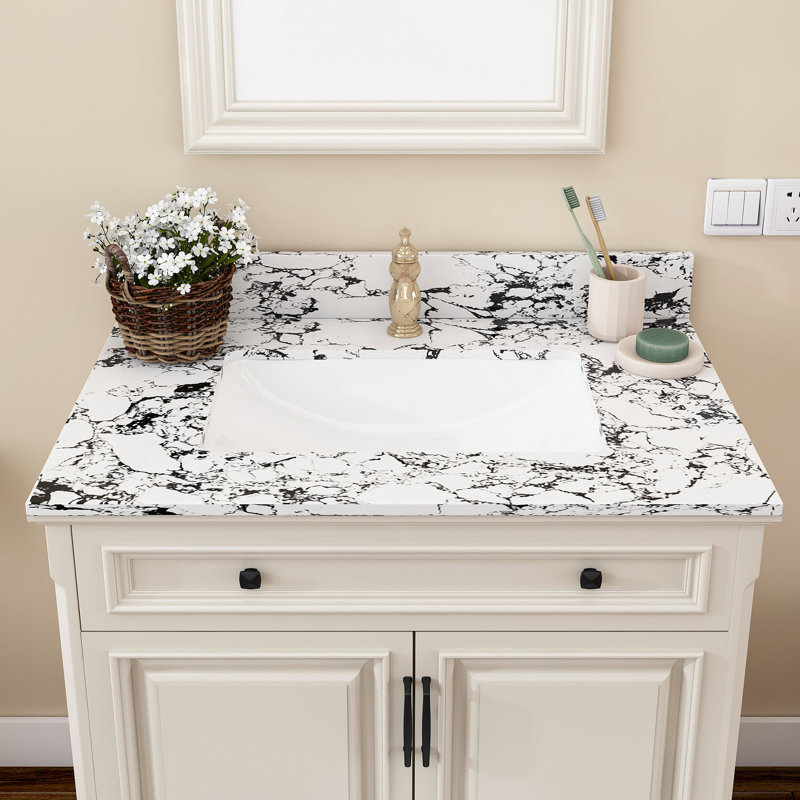 Comptoir de meuble-lavabo sous comptoir, comptoir en marbre artificiel élégant avec trop-plein et dosseret, surface de meuble-lavabo pré-percée facile à nettoyer