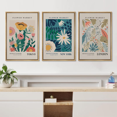 Classical Artwork NYC London Colorful Flower Market Abstract Floral & Botanical Framed Canvas 3 Pieces Print Wall Art
