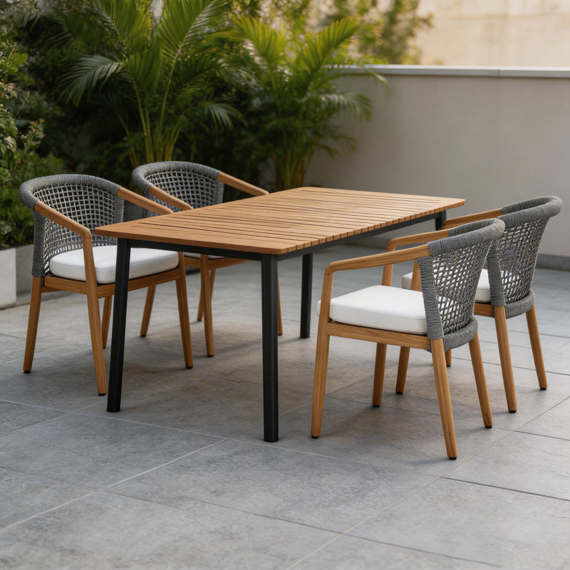 Ensemble repas d'extérieur 5 pièces en teck avec 4 fauteuils et coussins en corde grise