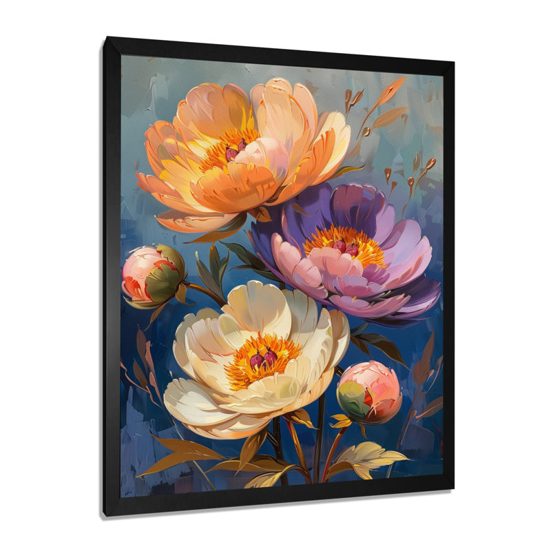 Décoration murale pivoines orange et mauves - pivoines, Cadre noir, H 12 po x l 20 po