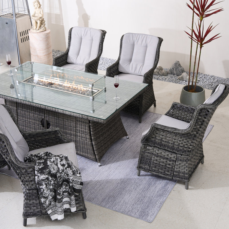 Nadya 6-Person Wicker Aluminum Patio Outdoor Fire Pit Dining Set With Cushions, Gray, Gray