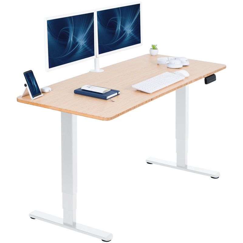 Bureau debout électrique 60 "x 24" VIVO, plateau de table en bambou, structure blanche, H 24,6 po x l 59 po x P 23,6 po