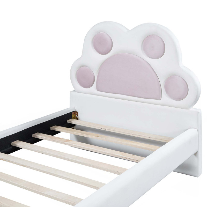 Lit plateforme simple tapissier avec tête de lit en forme de patte d'animal et DEL, rose