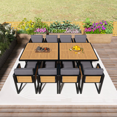 Ensemble de salle à manger 18 pièces en bois d'acacia pour l'extérieur, peu encombrant avec 8 chaises rembourrées, 8 repose-pieds et 2 tables carrées, idéal pour la cour, le jardin, la terrasse et la piscine, gris