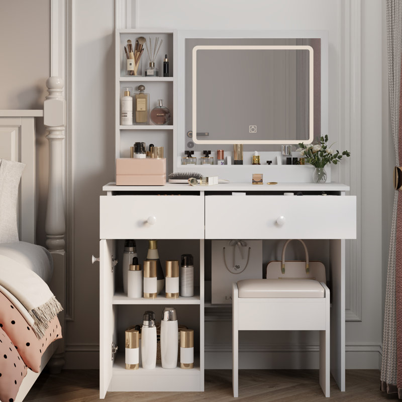 White Vanity Desk With 3 Color Lights And Mirror - Fashionable, Elegant Table Lighting Ample Space, 2 Drawers,