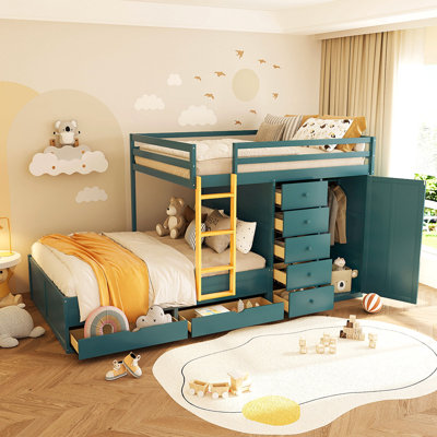 Full Size Bunk Bed with 2 Large Drawers & 5 Small Drawers, MDF & Solid Wood Construction, Modern Storage Design with Small Wardrobe