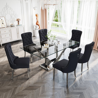 Modern Glass Dining Table, 63" Cross-Leg Stainless Steel Base And Velvet Upholstered Tufted Nailhead Chairs