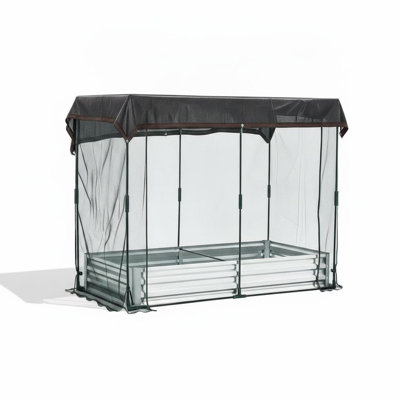 Galvanized Raised Garden Bed with Crop Cage Durable Metal Planter Box Plant Protection Net Shade Cloth Roof Zippered Doors Animal Barrier for Outdoor
