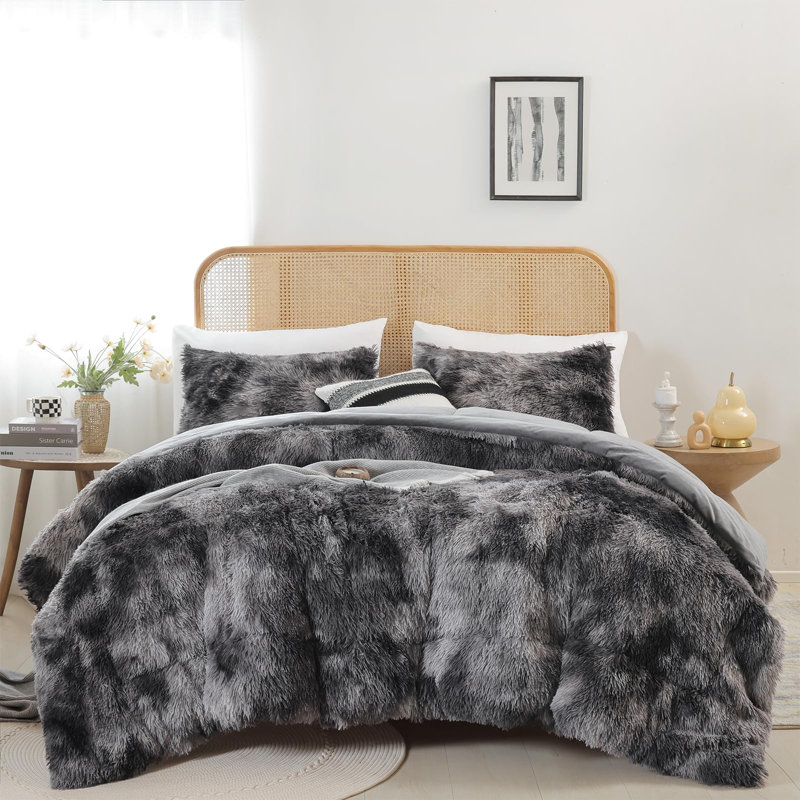 Fluffy Queen Comforter Set, Faux Fur Comforter Set Queen Size, Luxury Fuzzy Bedding Set, Soft Shaggy Bed Set For All Season, 3 Pieces - 1 Comforter & 2 Pillowcases, Tie-Dye Grey