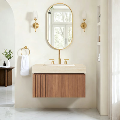 Meuble-lavabo suspendu de luxe de 76 cm avec lavabo, meuble de salle de bain mural moderne pour famille, meuble de salle de bain en pierre frittée de style milieu du siècle