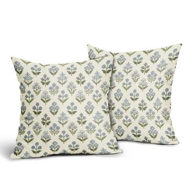 Blue Green Block Print Pillow Covers 18X18 Inch Set Of 2, Vintage Floral Spring Decorative Throw Pillow Cases Boho Cushion Covers Rustic Decoration Gift Farmhouse Sofa Couch Bed Decor