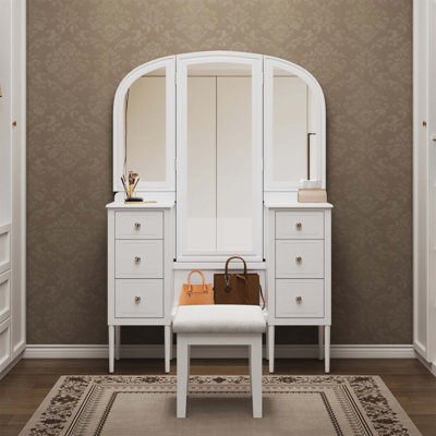 Antique Makeup Vanity Desk With Triple Mirror, 6-Drawer Dressing Table Set Including Stool, Full Length Mirror For Bedroom Dressing Room