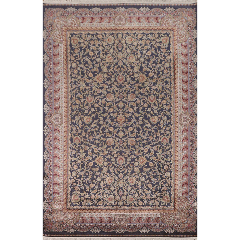 Tapis bleu marine à motif floral traditionnel 7 x 10