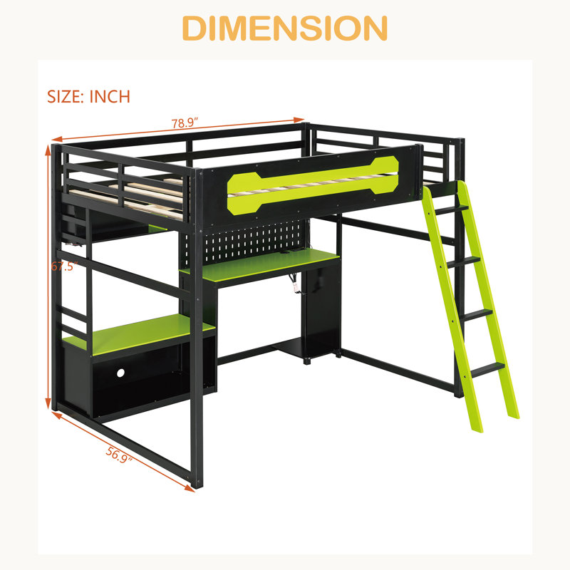 Lit mezzanine en bois pleine grandeur avec bureau, tablettes, lumières DEL, ports USB et panneau perforé, Vert