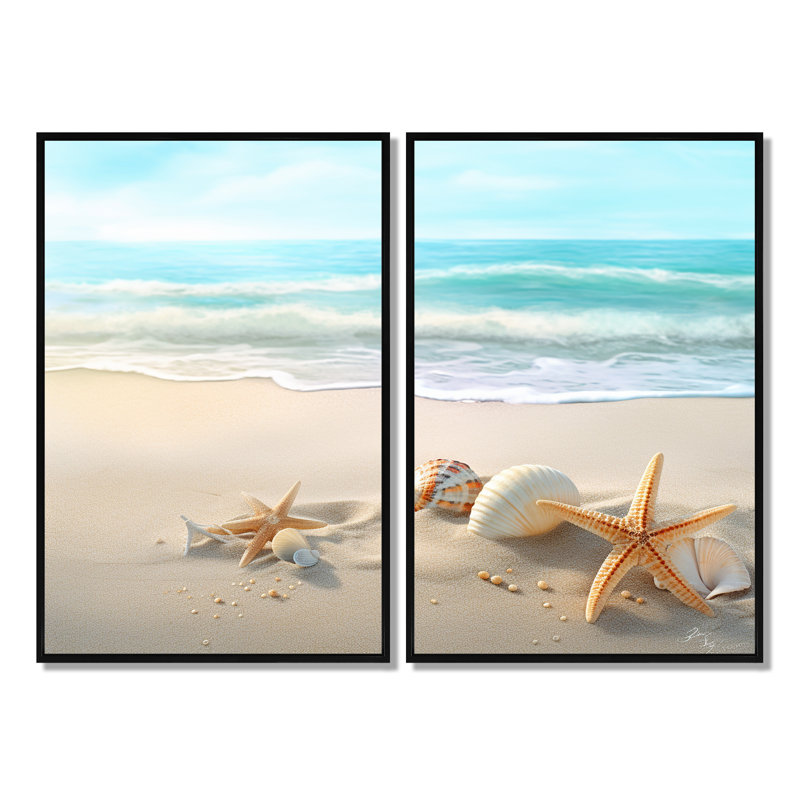 Étoile de mer et coquillages I - décor mural moderne plage 2 panneaux, H 36 po x l 48 po, Impression encadrée flottante, Noir