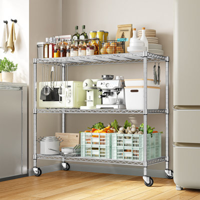 3-Tier Heavy-Duty Metal Wire Storage Rack with Wheels，Shelving Unit with 450 lbs Total Capacity 45"W x 11.7"D x 41"H