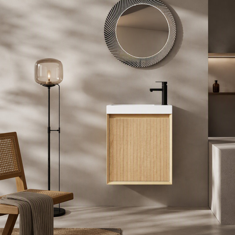 18.5" Wall-Mounted Bathroom Vanity With Resin Sink, Soft Closed Single Door, Bathroom Cabinet Set, MDF, Nature Wood (KD-Packing)