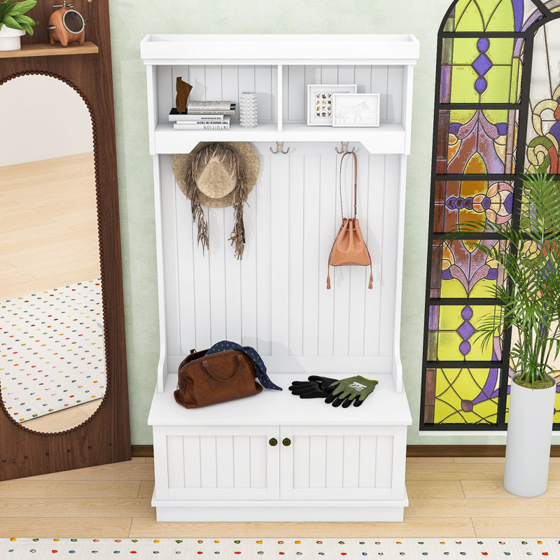 Arbre d'entrée avec banc à chaussures de rangement, crochets, armoire et tablettes de présentation, Blanc