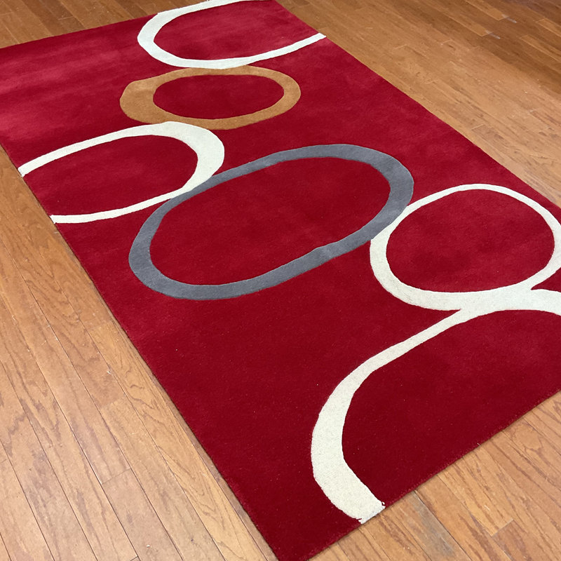 Tapis rouge / blanc / bleu touffeté à la main, Rectangle 5 pi x 8 pi