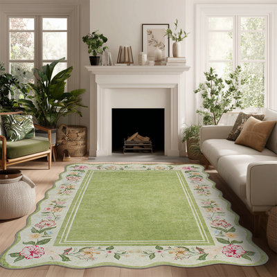 Tapis vert sauge à bordure festonnée