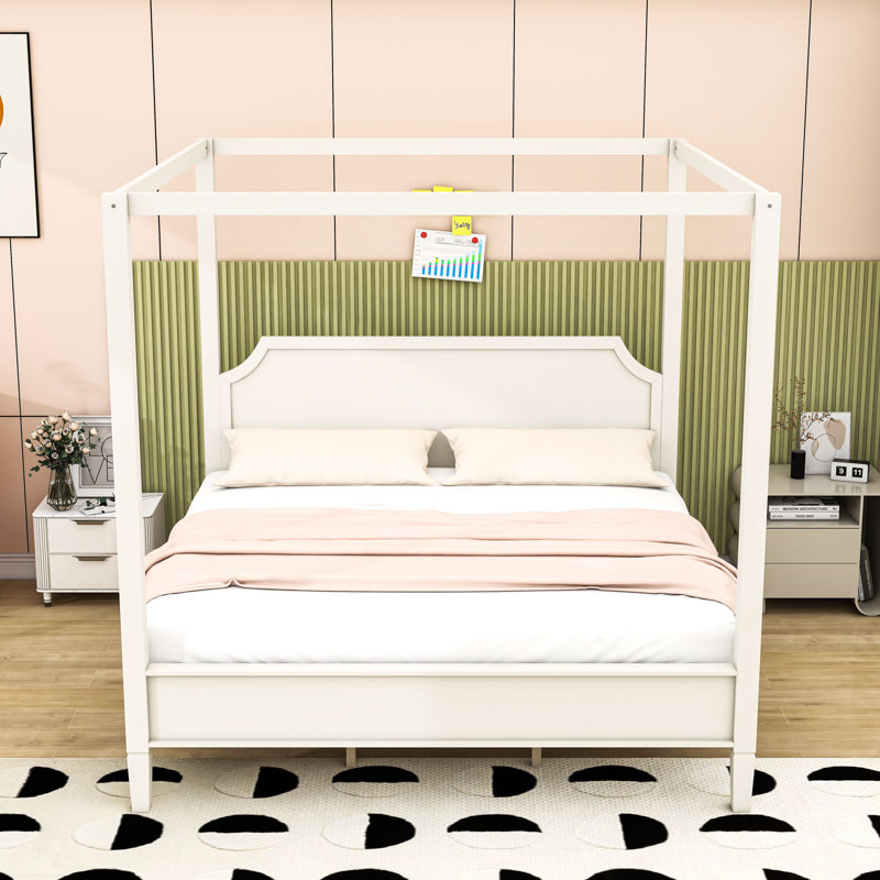Lit plateforme luxueux à baldaquin en bois avec lattes, pieds de support et tête de lit, Très grand, Blanc crémeux