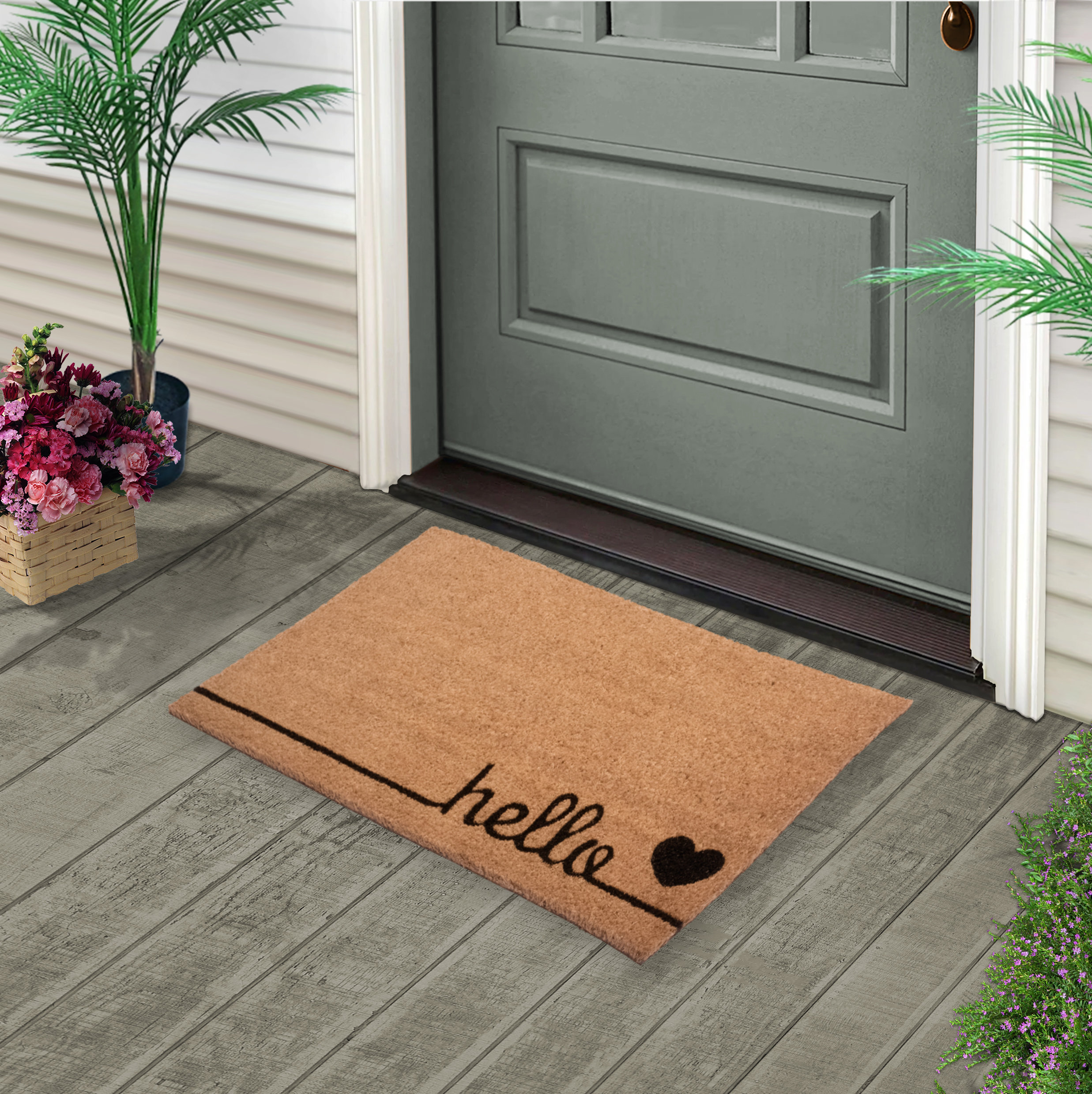 Ebern Designs Cammock Hello Collection Natural Coir 28 in. x 18 in. Non ...