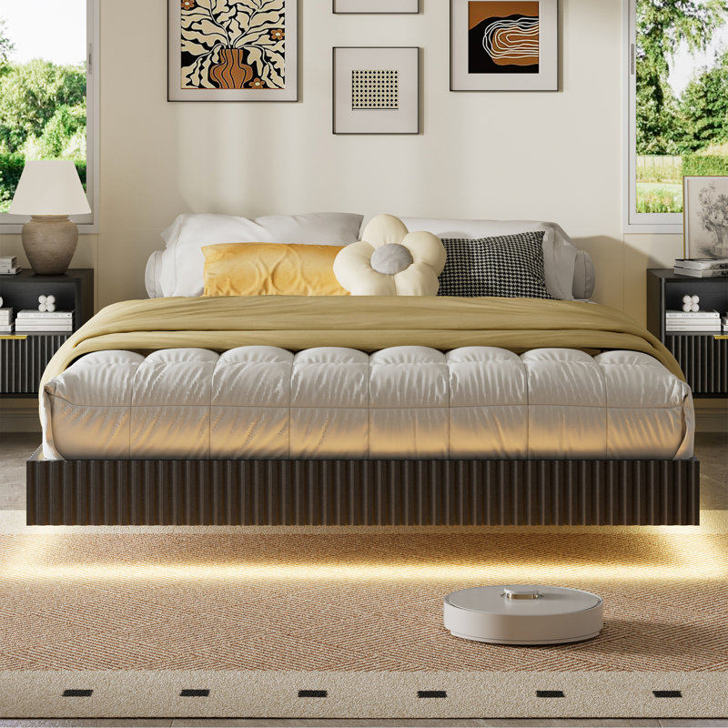 Queen Floating Bed Frame With LED Lights, Modern Fluted Floating Platform Bed With Heavy Duty Metal Slats, No Headboard