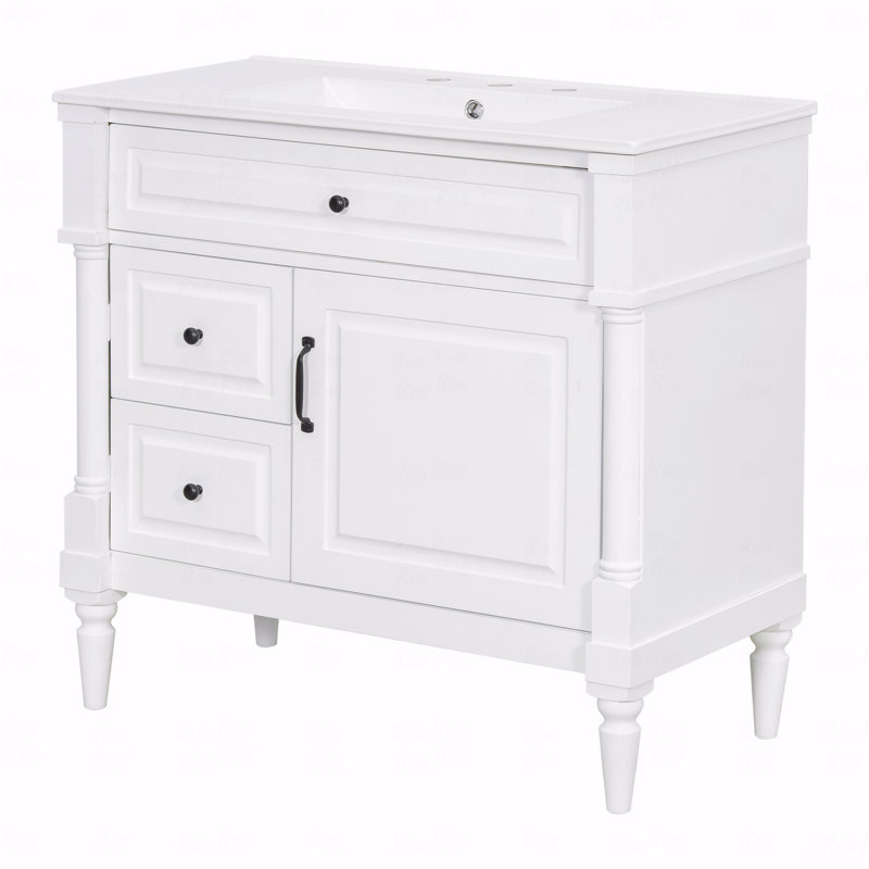 Meuble-lavabo 36 po avec lavabo, tiroir rabattable, tablette réglable, structure en bois d'hévéa et panneaux en bois aggloméré, poignées en métal avec finition peinte