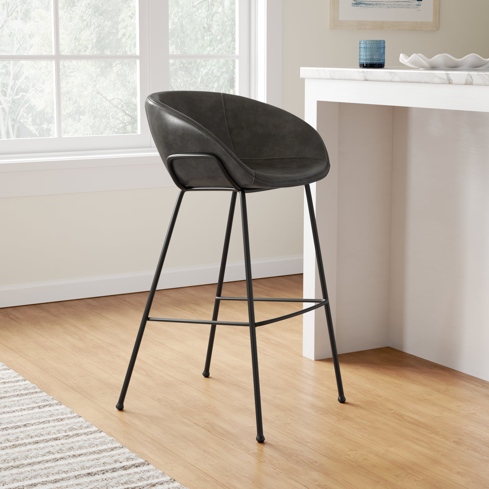 Ardea 30" Bar Stool, Bar Stool (29.93" Seat Height), Vintage Dark Gray Faux Leather