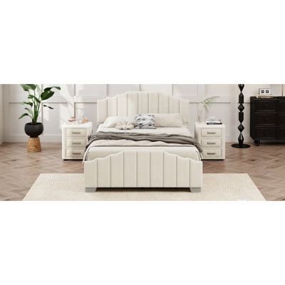3 Pieces Bedroom Sets Velvet Upholstered Platform Bed Vertical Channel Tufted Headboard And Two Three-Drawer Nightstands