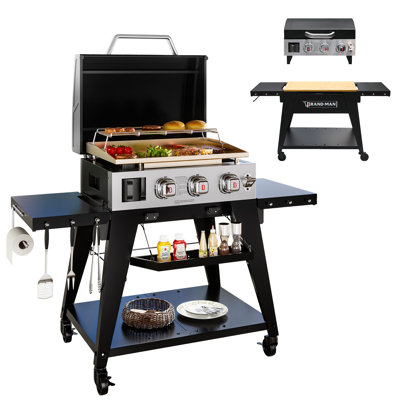 Brand-Man 3-Burner Portable Propane Gas Griddle with Lid - 28,000 BTU Flattop Grill, 504 Sq. In. Cooking Area - 2-in-1 Table Top & Free-Standing Design with Folding Tables & Rolling Cart - for Outdoor BBQ, Camping, Patio