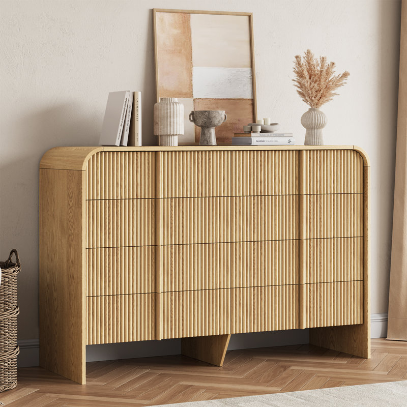 47.2” W Double Dresser with 8 Drawers, Modern Storage Organizer, Curved Profile Design, Brown