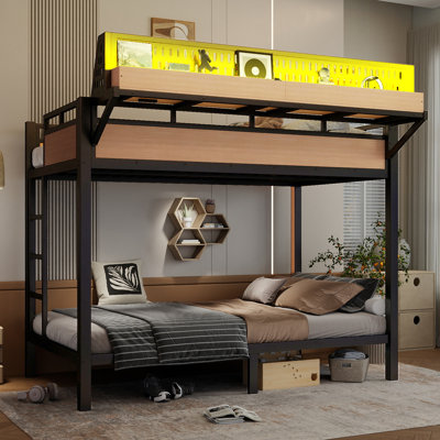 Full over Full Size Heavy-Duty Metal Bunk Bed with Storage Shelves, Pegboard, USB Charging Ports and LED Lights,Natural