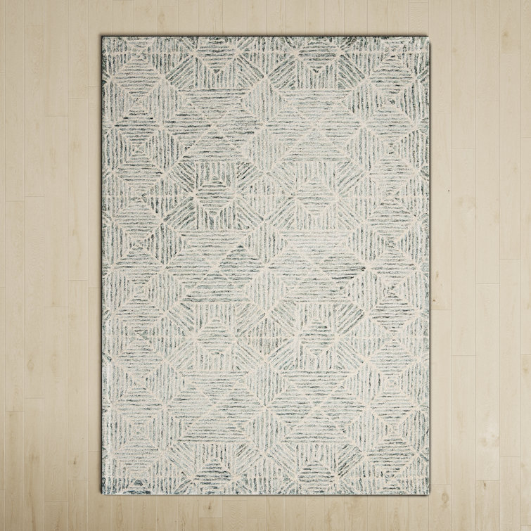 Linsly Geometric Handmade Tufted Wool/Cotton Light Green/Ivory Area Rug