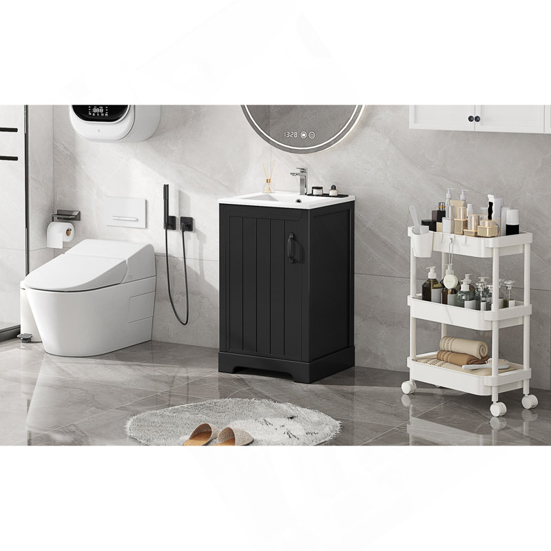 Meuble-lavabo de 20 po avec lavabo, armoire de salle de bain avec porte à fermeture douce, support de rangement et tablette réglable, noir (ancien SKU: N725P194160B)