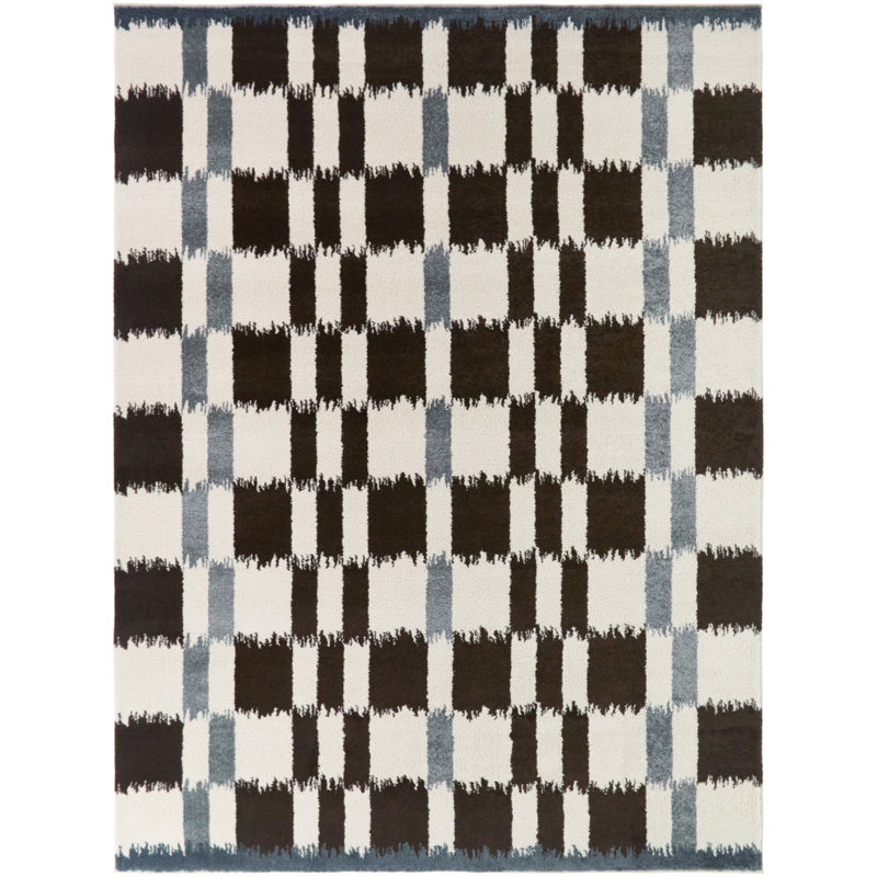 Noack Brown/Blue Checkered Ikat Area Rug, 5'3" x 7'