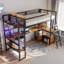  Lit mezzanine simple en métal avec poste de travail, tablettes ouvertes et espace de rangement multifonctionnel, noir-357555698