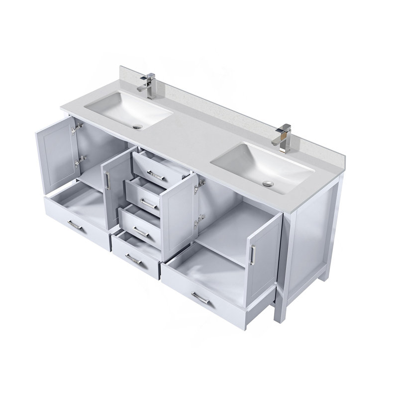 Meuble-lavabo double blanc 72 po X P 22 po D, dessus en quartz blanc et ensemble de robinet, H 34,25 po x l 72 po x P 22 po